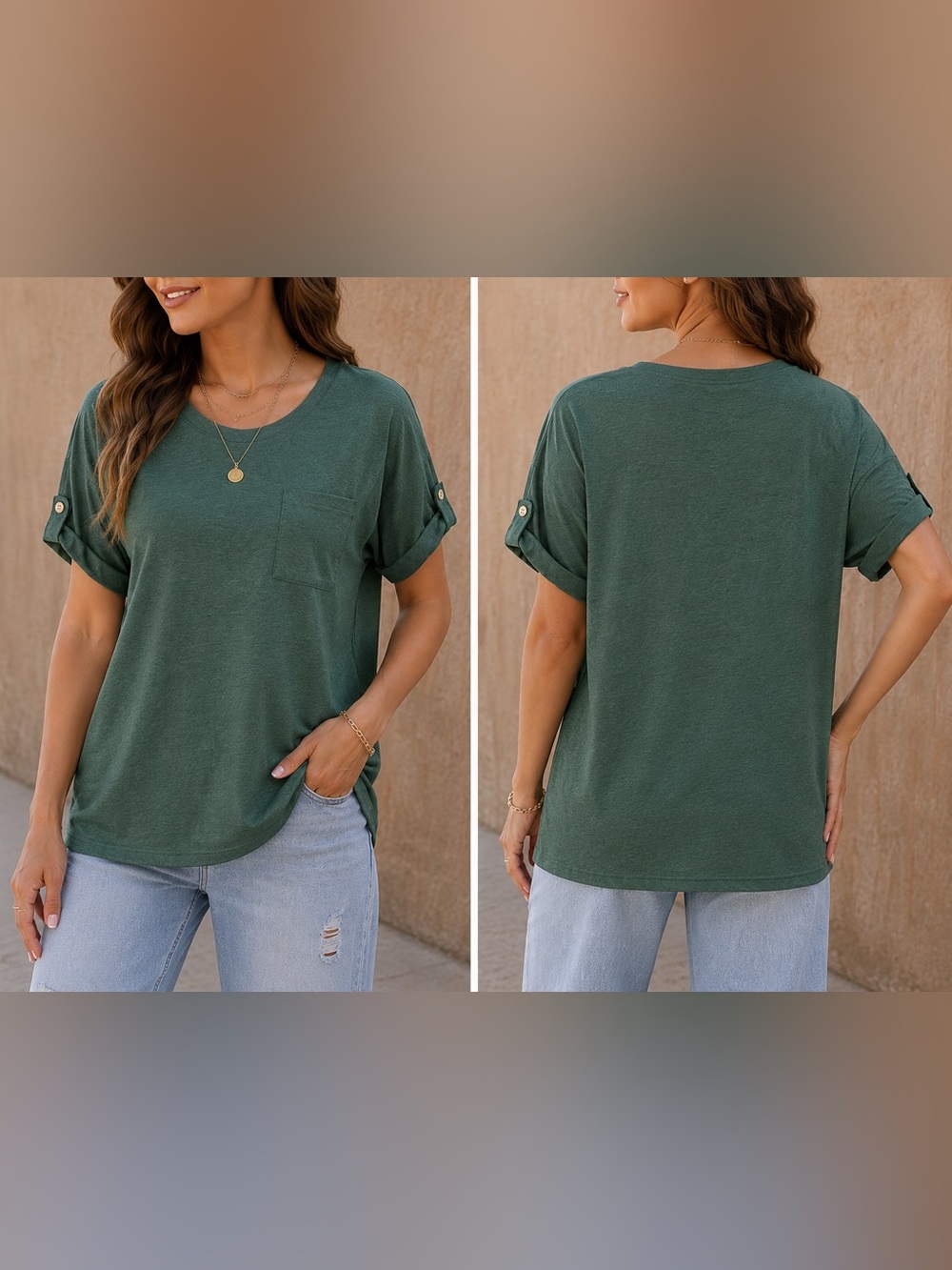 🩷. 864. Forest Green Round Neck Top Roll Tab Sleeve Casual Shirt